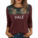 Women's breathable cotton 3/4 sleeve shirt with VALÉ print and bohemian lace mesh yoke design, available in black, maroon, and red.