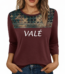 Women's breathable cotton 3/4 sleeve shirt with VALÉ print and bohemian lace mesh yoke design, available in black, maroon, and red.