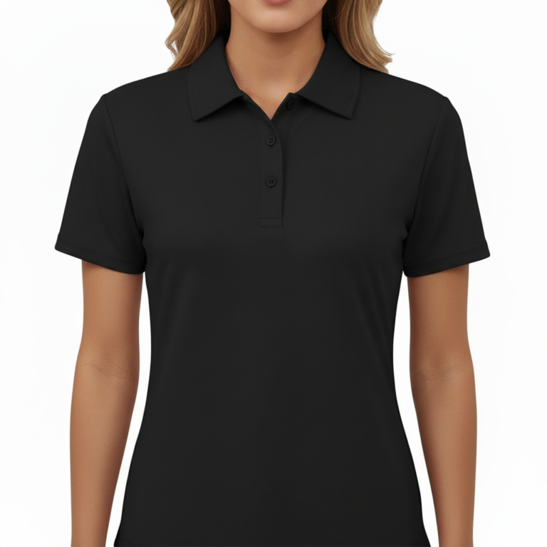 Back view of a premium cotton polo shirt featuring a VALE celestial graphic with moon phases, moths, and botanical ferns in vintage gold tones on black, navy, and maroon fabric.