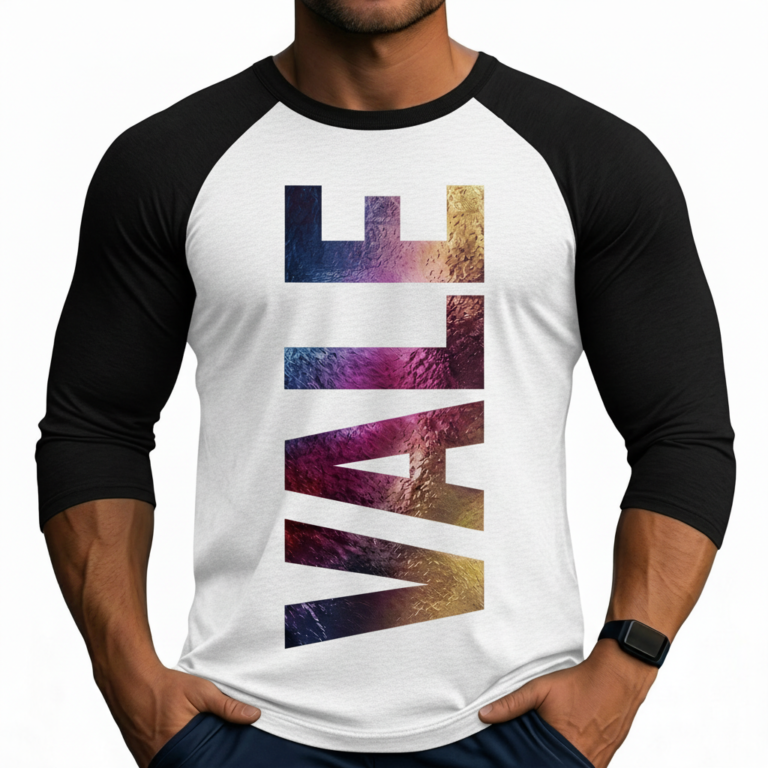 Men's athletic slim fit 3/4 sleeve raglan shirt featuring a vertical "VALE" textured graphic print on breathable cotton fabric.