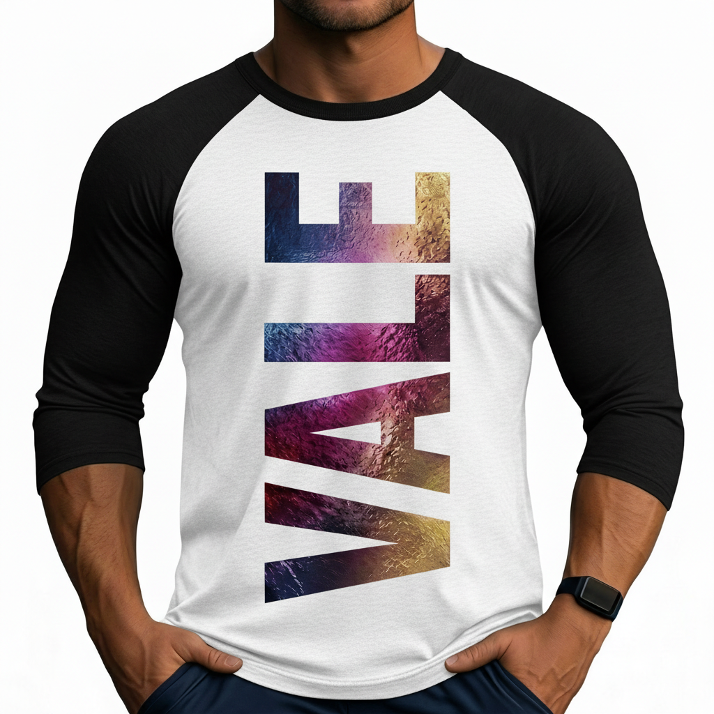 Men's Premium Cotton Raglan 3/4 Sleeve Baseball Tee Men's athletic slim fit 3/4 sleeve raglan shirt featuring a vertical "VALE" textured graphic print on breathable cotton fabric.