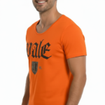 Men's Vale Gothic graphic t-shirt in breathable cotton, featuring a shield and key emblem, available in Olive, Orange, and Beige.