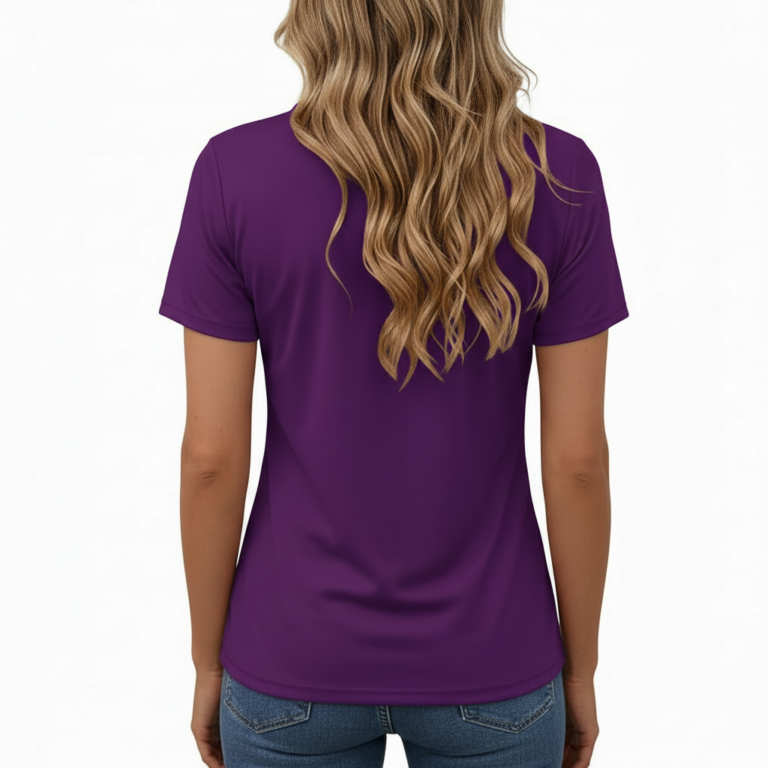 Close-up of a woman wearing a VALE brand women’s quarter-zip polo shirt in breathable pique cotton, featuring a large gold-embossed "VALE" decorative logo on the chest, available in Olive Green, Purple, and Maroon.