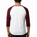 Men's VALE brand 3/4 sleeve raglan cotton shirt featuring metallic chest logo and sleeve detail in Maroon, Navy, and Black.