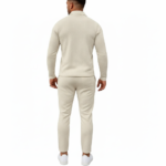 A collection of men's VALE 2-piece tracksuits made of breathable cotton textured jacquard, featuring a quarter-zip polo and joggers with a black pine forest gradient design, shown in Beige, Grey, Red, Navy, Maroon, and Orange.