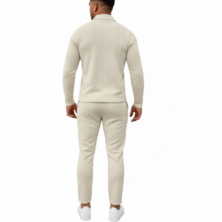 A collection of men's VALE 2-piece tracksuits made of breathable cotton textured jacquard, featuring a quarter-zip polo and joggers with a black pine forest gradient design, shown in Beige, Grey, Red, Navy, Maroon, and Orange.