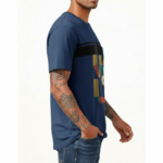 Man wearing a slim-fit breathable cotton t-shirt featuring a geometric "LOVE" compass graphic design on the chest with a horizontal stripe and pocket.