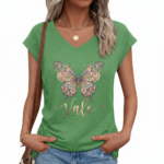 Women's breathable cotton V-neck t-shirt featuring a colorful mandala butterfly graphic and "Vale" script in Sage Green, Rose Pink, and Cream.