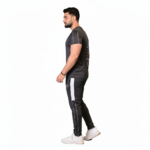 Front and back view of a man wearing the VALE brand breathable cotton performance tracksuit, featuring a vertical outline logo on the t-shirt back and matching side-striped joggers on a white background.