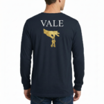 Back view of a man wearing a VALE brand long-sleeve breathable cotton shirt featuring a gold-textured hand holding keys graphic, available in Maroon, Black, and Navy Blue.