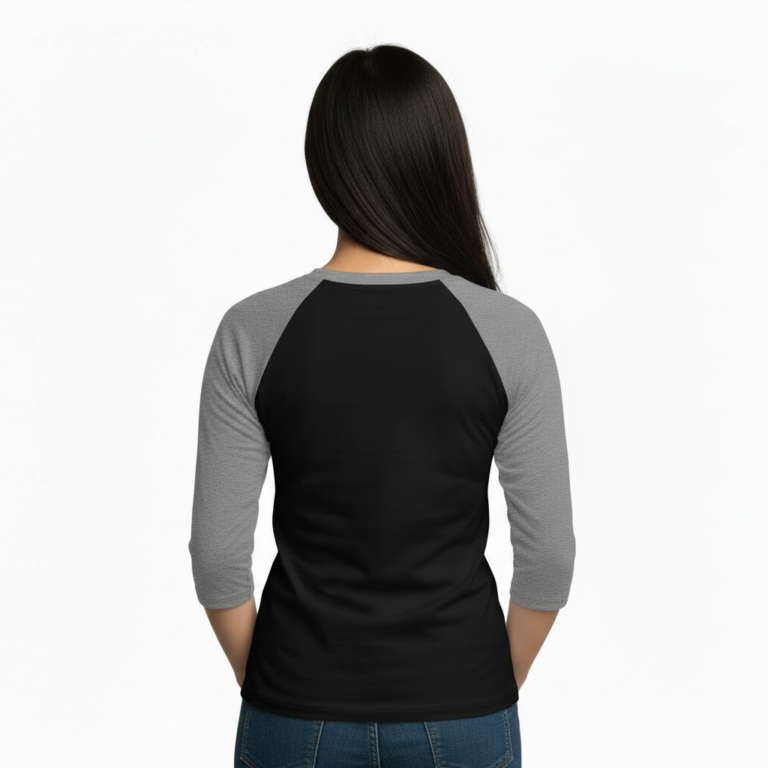 Young woman wearing a Vale Steampunk Clockwork graphic raglan shirt in 3/4 sleeves, made of breathable cotton, available in maroon, grey, and navy colorways.