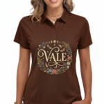 Woman wearing a VALE botanical cotton polo shirt with floral and moon phase graphic design in Earthy Brown, Forest Green, and Sand Beige colors.