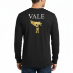 Back view of a man wearing a VALE brand long-sleeve breathable cotton shirt featuring a gold-textured hand holding keys graphic, available in Maroon, Black, and Navy Blue.