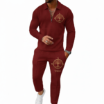 Men's 2-piece breathable cotton tracksuit featuring a quarter-zip polo shirt and matching joggers with a gold Tree of Life compass logo, available in Navy, Maroon, and Orange.