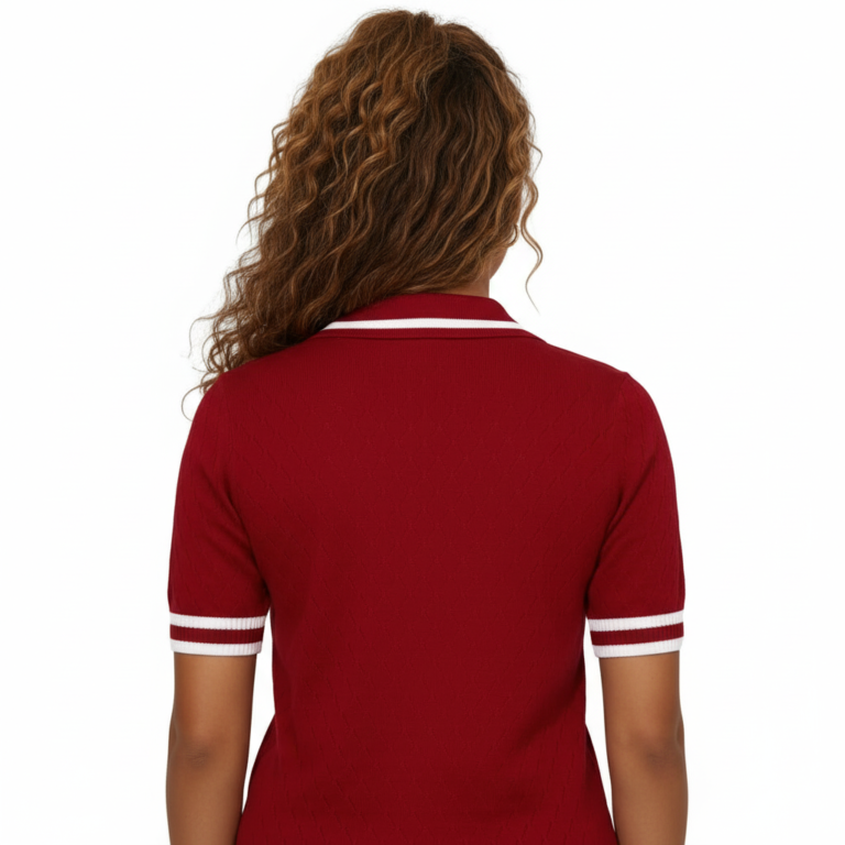 A high-quality studio shot of a model wearing a VALE brand breathable cotton polo shirt featuring white-tipped collars and a detailed gold floral celestial embroidery on the chest.