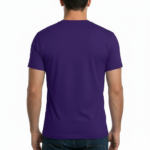 A man wearing a slim-fit 100% cotton t-shirt with a vertical 'VALE' graphic in a vibrant purple, gold, and blue metallic texture.