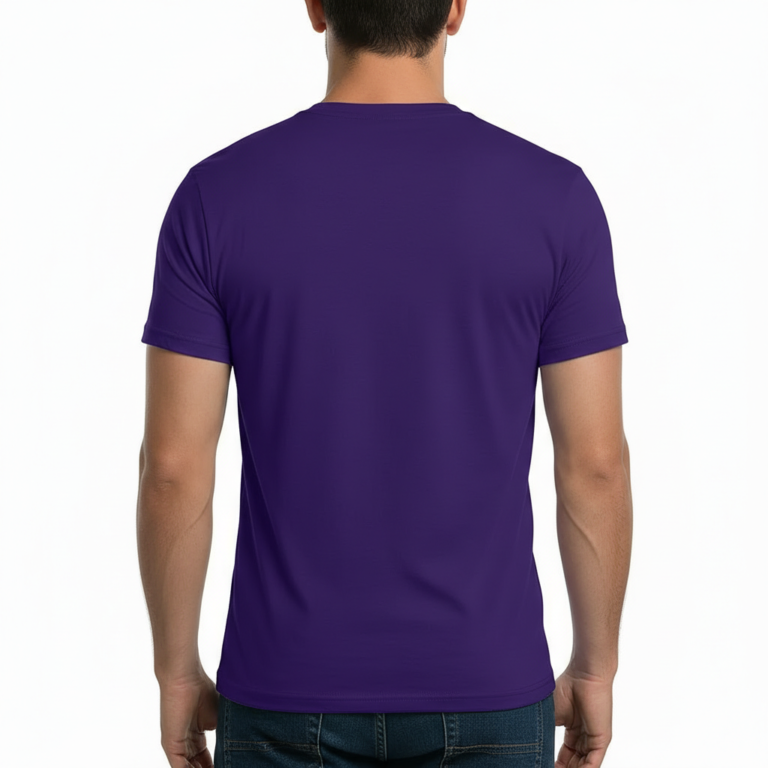A man wearing a slim-fit 100% cotton t-shirt with a vertical 'VALE' graphic in a vibrant purple, gold, and blue metallic texture.