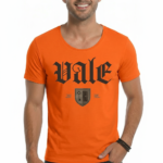 Men's Vale Gothic graphic t-shirt in breathable cotton, featuring a shield and key emblem, available in Olive, Orange, and Beige.