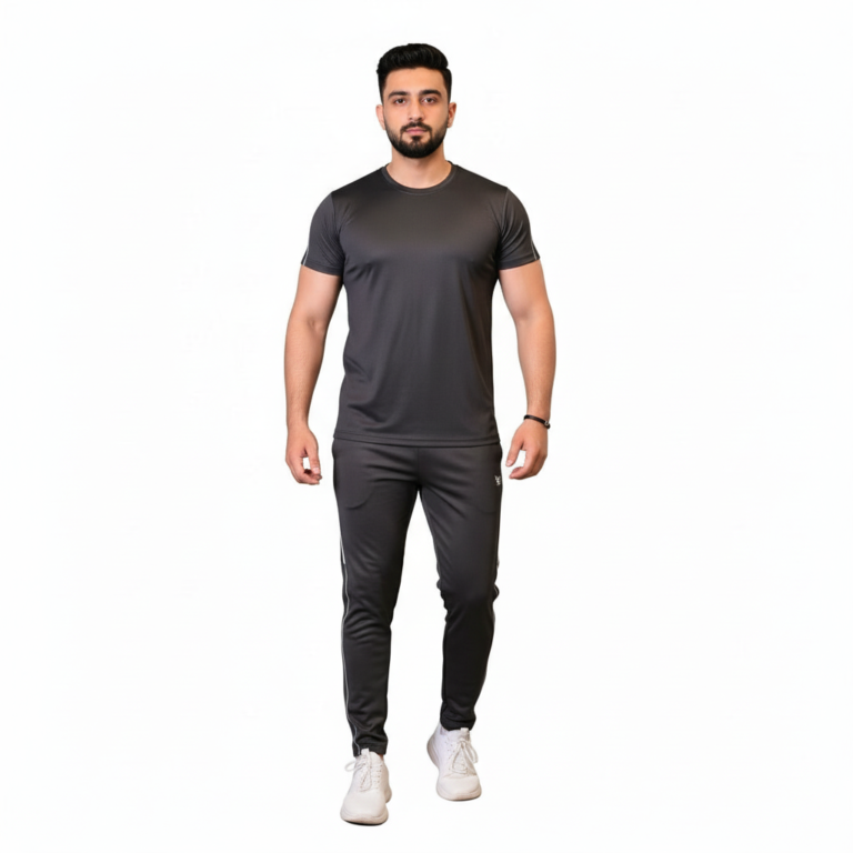 Front and back view of a man wearing the VALE brand breathable cotton performance tracksuit, featuring a vertical outline logo on the t-shirt back and matching side-striped joggers on a white background.