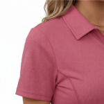 Women's quarter-zip cotton polo shirt featuring a VALE celestial moon and moth botanical wreath design in Forest Green, Black, and Rose.