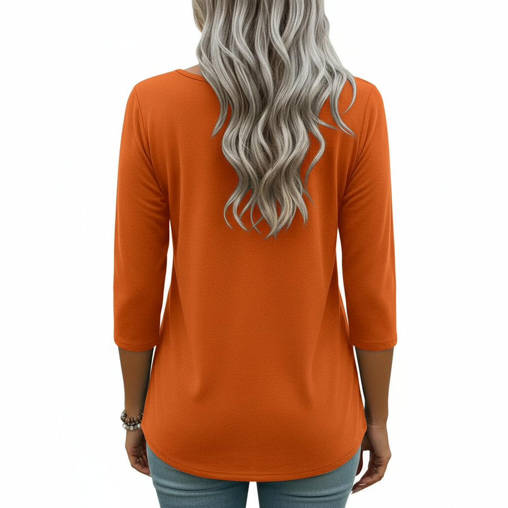 Women's breathable cotton 3/4 sleeve shirt with colorful watercolor tree graphic design and "VALE" text, available in black, orange, and cream.