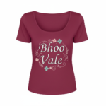 Women's breathable cotton scoop neck t-shirt featuring "Bhoo Vale" floral graphic design in pink, red, and burgundy colors.