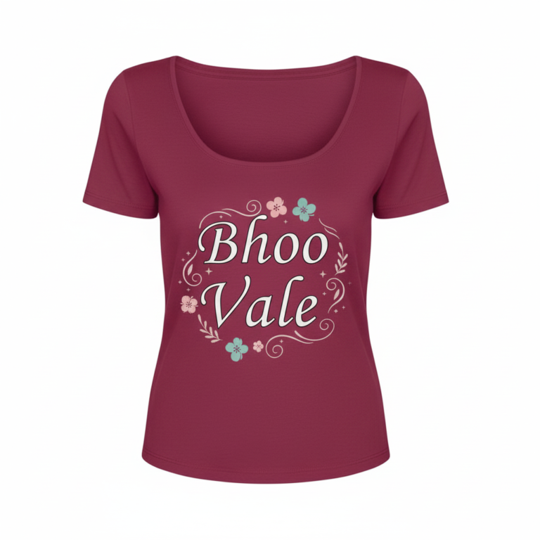 Women's breathable cotton scoop neck t-shirt featuring "Bhoo Vale" floral graphic design in pink, red, and burgundy colors.