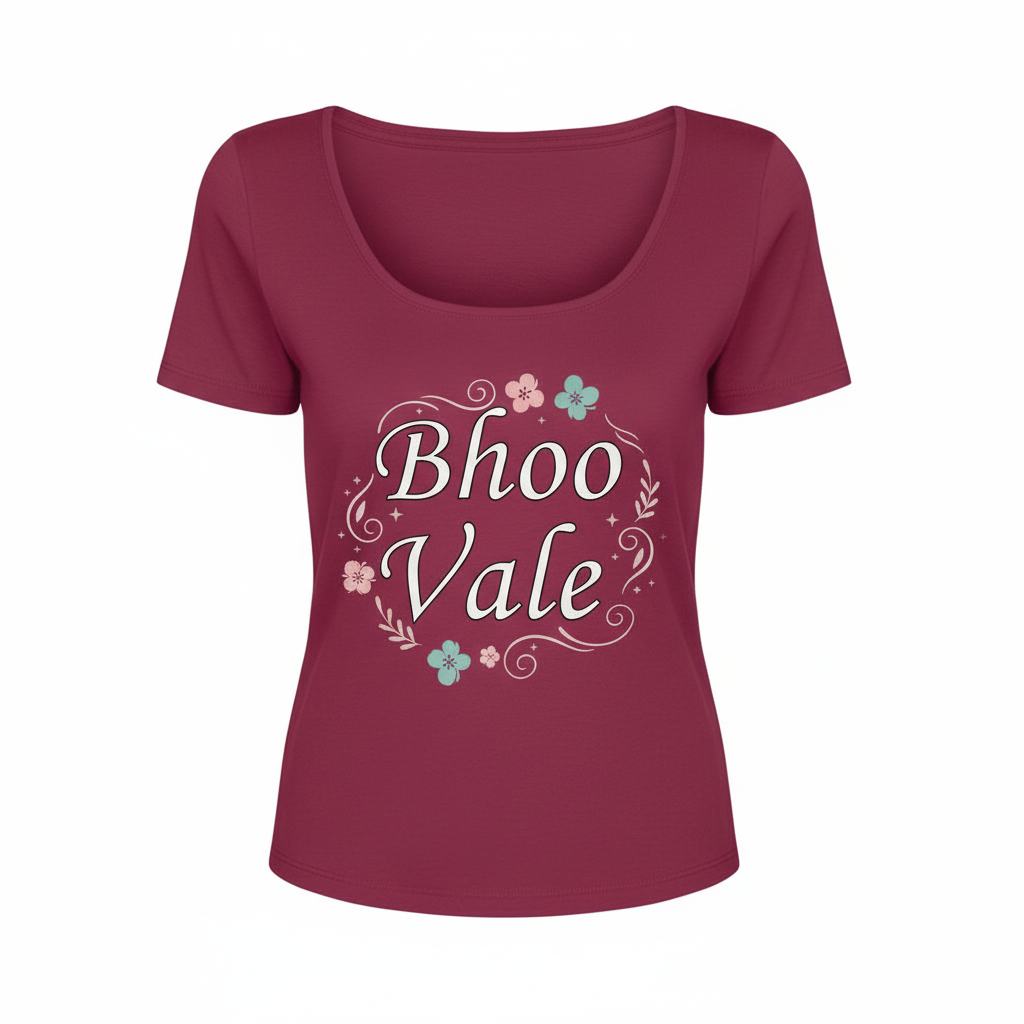 100% Cotton Scoop Neck T-Shirt Women's breathable cotton scoop neck t-shirt featuring "Bhoo Vale" floral graphic design in pink, red, and burgundy colors.