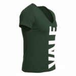 Man wearing VALE brand deep v-neck slim fit t-shirt with bold white vertical logo