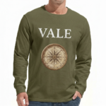 Men's long sleeve breathable cotton shirt in red, olive green, and maroon featuring a vintage VALE compass graphic design, athletic slim fit