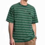 Men's oversized striped cotton t-shirt in green, white, and brown colors with chest logo.