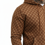 Men's designer breathable cotton tracksuit set featuring a full-zip hooded sweatshirt and matching joggers with an all-over geometric pattern and "VALE" branding.