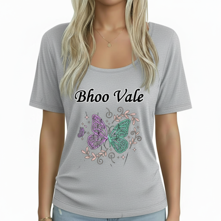 Women's breathable cotton t-shirt featuring a "Bhoo Vale" butterfly graphic design, available in Dusty Blue, Heather Grey, and Forest Green.