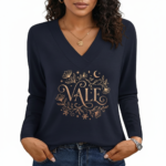 Close-up of a woman wearing a VALE brand long-sleeve V-neck cotton shirt featuring a gold celestial floral graphic design, available in black, navy, and burgundy.