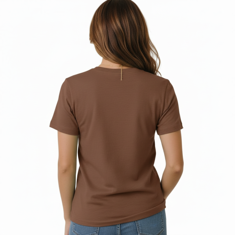 Woman wearing a Vale brand butterfly graphic t-shirt in brown, white, and maroon, featuring a vintage botanical butterfly design on 100% breathable cotton fabric.