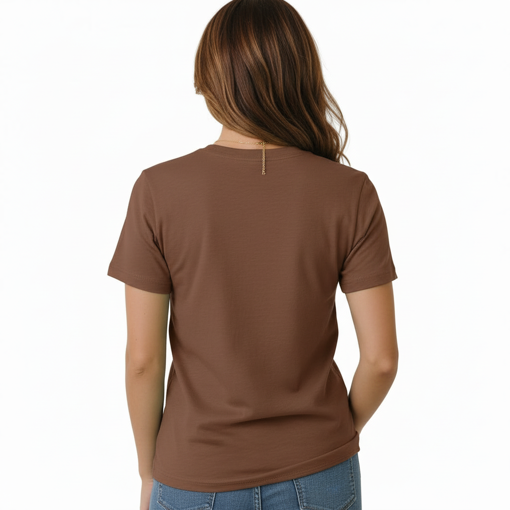 Woman wearing a Vale brand butterfly graphic t-shirt in brown, white, and maroon, featuring a vintage botanical butterfly design on 100% breathable cotton fabric.
