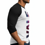 Men's athletic slim fit 3/4 sleeve raglan shirt featuring a vertical "VALE" textured graphic print on breathable cotton fabric.