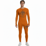 Front view of a man wearing VALE brand 2-piece compression suits in multiple colors including white, navy, orange, and yellow, featuring signature gold side-logos and central compass graphics on breathable cotton-blend fabric.