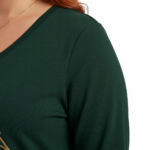 Women's VALE long sleeve V-neck cotton shirt with gold mandala floral print in green, brown, and black colors.