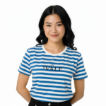 Young woman wearing a VALE brand horizontal striped breathable cotton t-shirt in blue, yellow, and green colors.