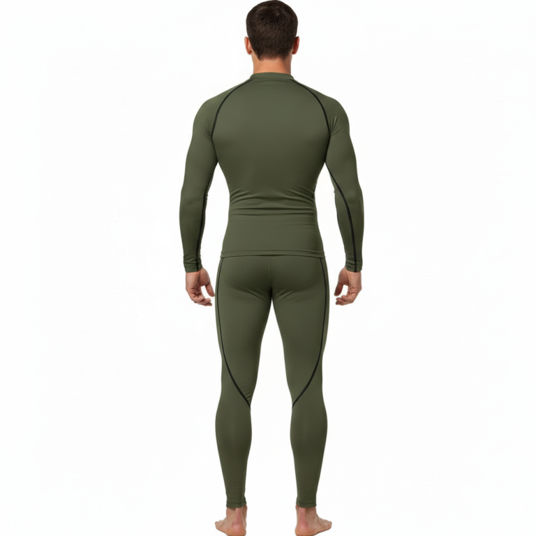 Front view of a man wearing a VALE brand 2-piece compression suit featuring a gold Tree of Life mandala graphic on the long-sleeve top and matching leggings, shown in brown, olive green, and grey colors.