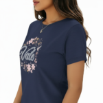 Women's breathable 100% cotton T-shirt featuring "Vale" floral wreath lace design in Navy, Pink, and Brown colors.