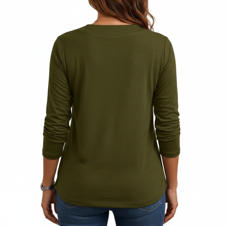 Women wearing a VALE branded long-sleeve breathable cotton V-neck t-shirt in navy blue, mustard yellow, and olive green, paired with blue jeans.