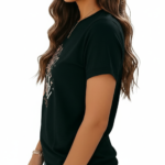 Women's breathable cotton T-shirt featuring "Vale" floral graphic design in Black, Maroon, and Beige colors.