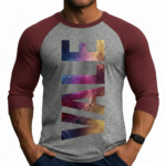 Men's athletic slim fit 3/4 sleeve raglan shirt featuring a vertical "VALE" textured graphic print on breathable cotton fabric.