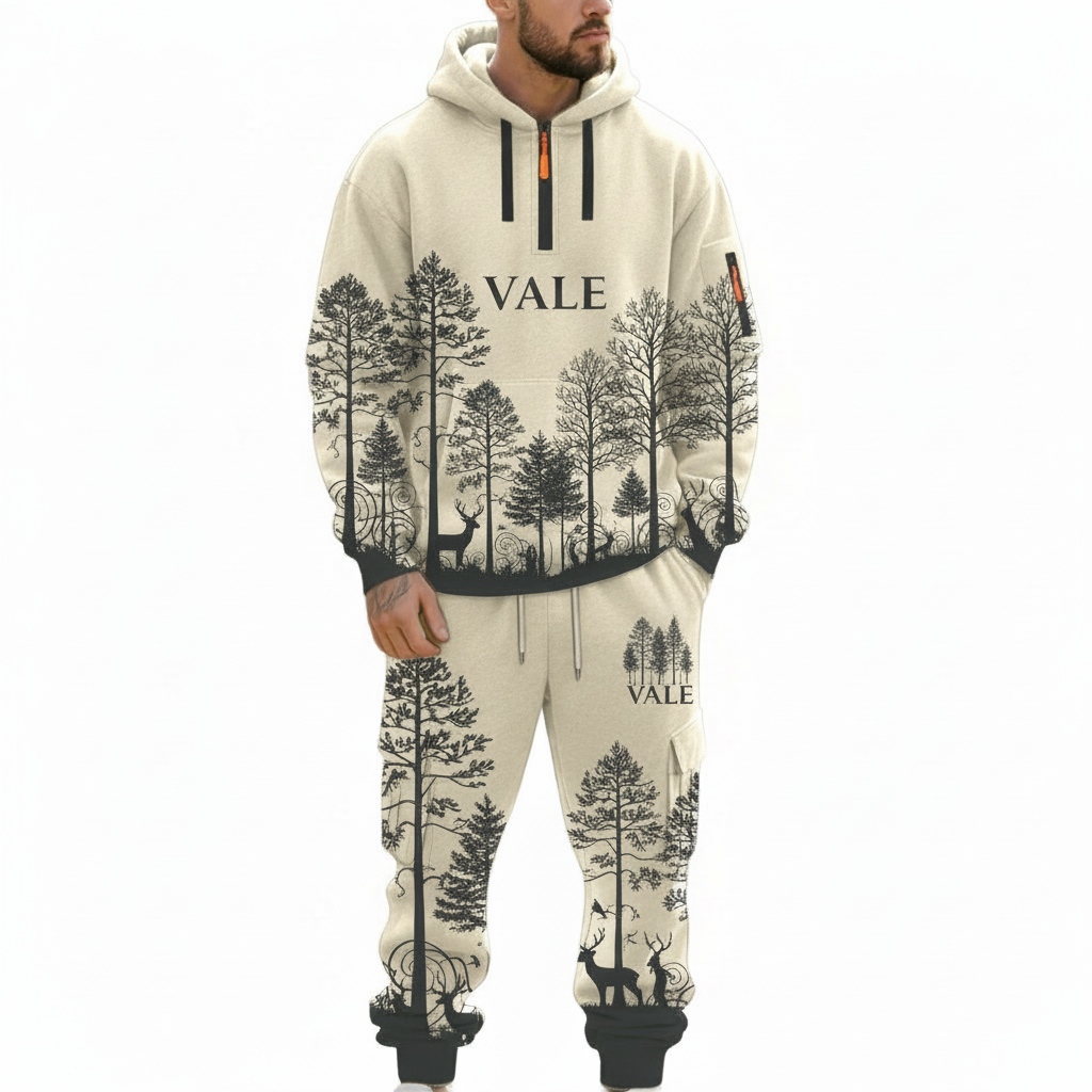 Men's designer wilderness-themed tracksuit set featuring a quarter-zip hoodie and cargo joggers with forest and deer landscape prints on breathable cotton.