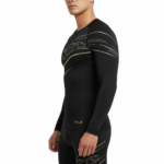 Front view of a man wearing a VALE brand 2-piece compression suit with a gold supercar graphic on the long-sleeve shirt and leggings, available in olive green, navy blue, and maroon.
