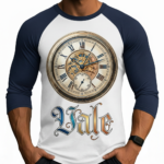 Close-up of a man wearing a breathable cotton raglan shirt featuring a vintage steampunk clockwork design and gothic 'Vale' text, athletic fit 3/4 sleeves.