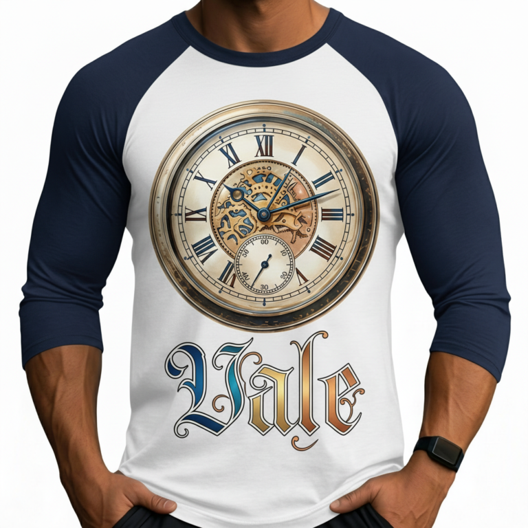Close-up of a man wearing a breathable cotton raglan shirt featuring a vintage steampunk clockwork design and gothic 'Vale' text, athletic fit 3/4 sleeves.