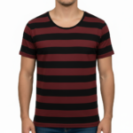 Men's open-collar buttonless pique polo shirt with contrast tipping stripes on the collar and sleeves, available in brown, maroon, and orange.